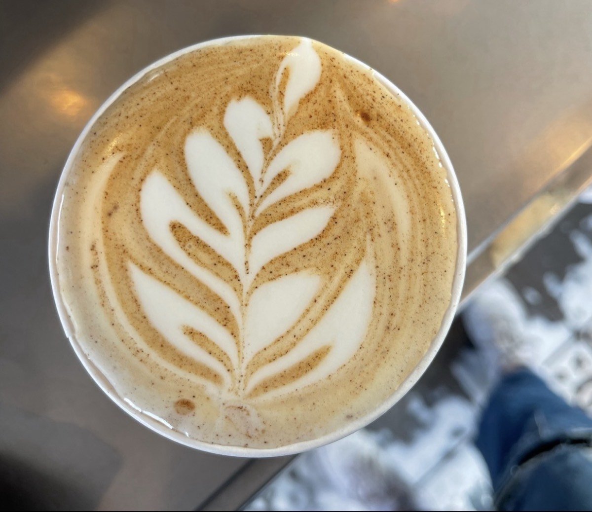 An overhead latte with fern art